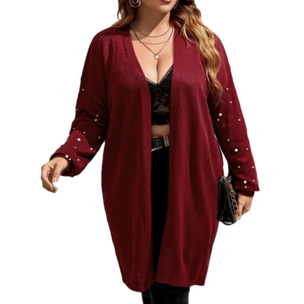 Womens Faux Pearl Embellished Cardigan in Merlot sz small
